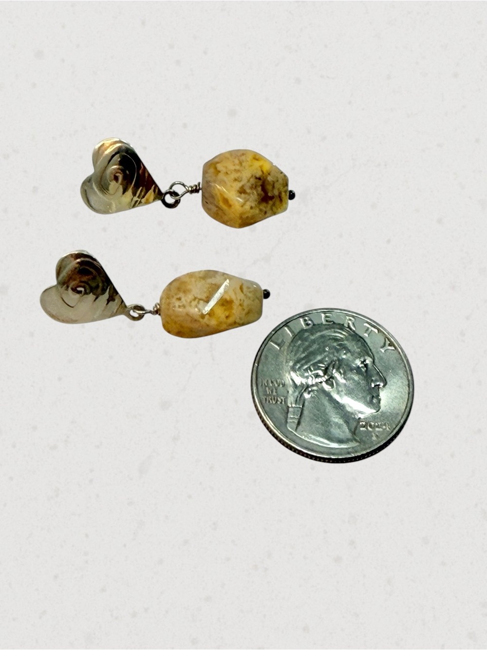 Jay King DTR Sterling Silver 925 Heart Beige Brown Stone Dangle Drop Earrings - Picture 4 of 8
